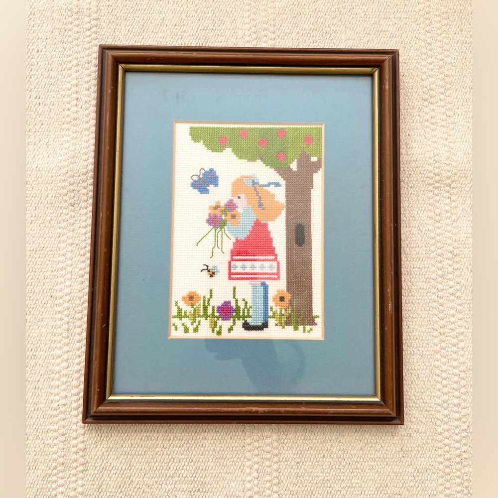 Vintage 80s Colorful Needle Point Art Cottagecore Children’s Nursery Decor 9”x11
